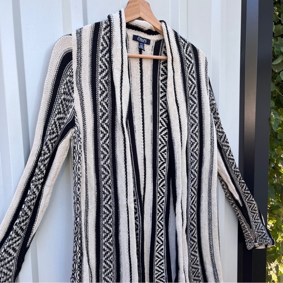 CHAPS DENIM Sweater Black Ivory Long Line Open Front Cardigan Knit Cotton Small - Picture 6 of 12